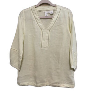 Joie 100% Linen Top Womens Medium Yellow V Neck 3/4 Sleeve Coastal Beachy